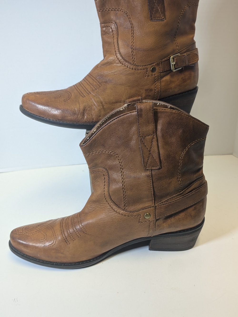 Franco Sarto Tan Brown Leather Western Ankle Boots